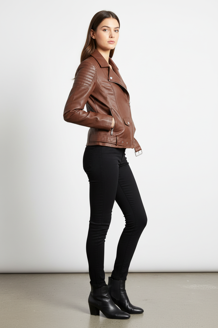 Chocolate brown biker jacket - model side view