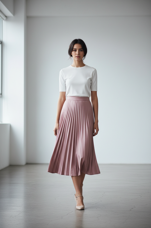 Woman in white knit top and dusty rose pleated midi skirt in a minimal studio setting