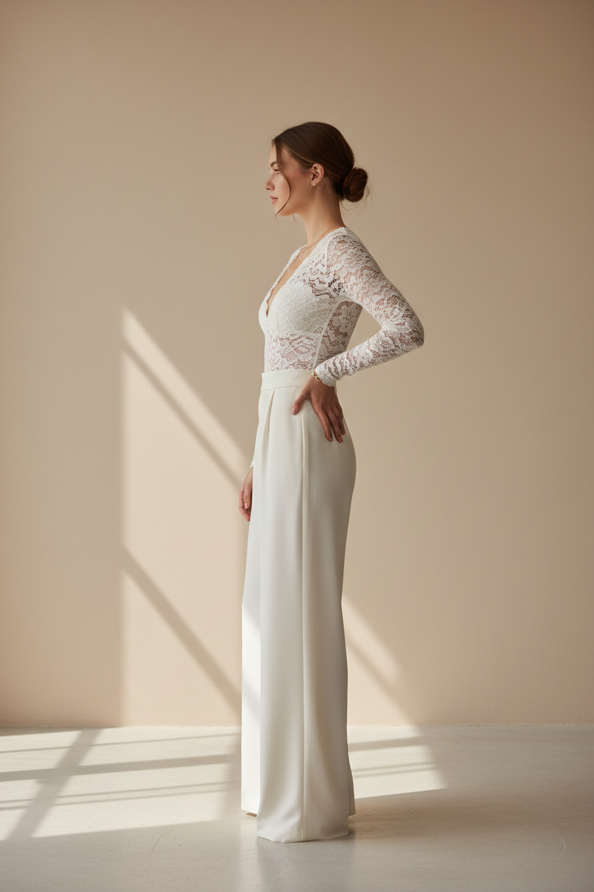 Woman in white lace long-sleeve bodysuit paired with ivory crepe skirt