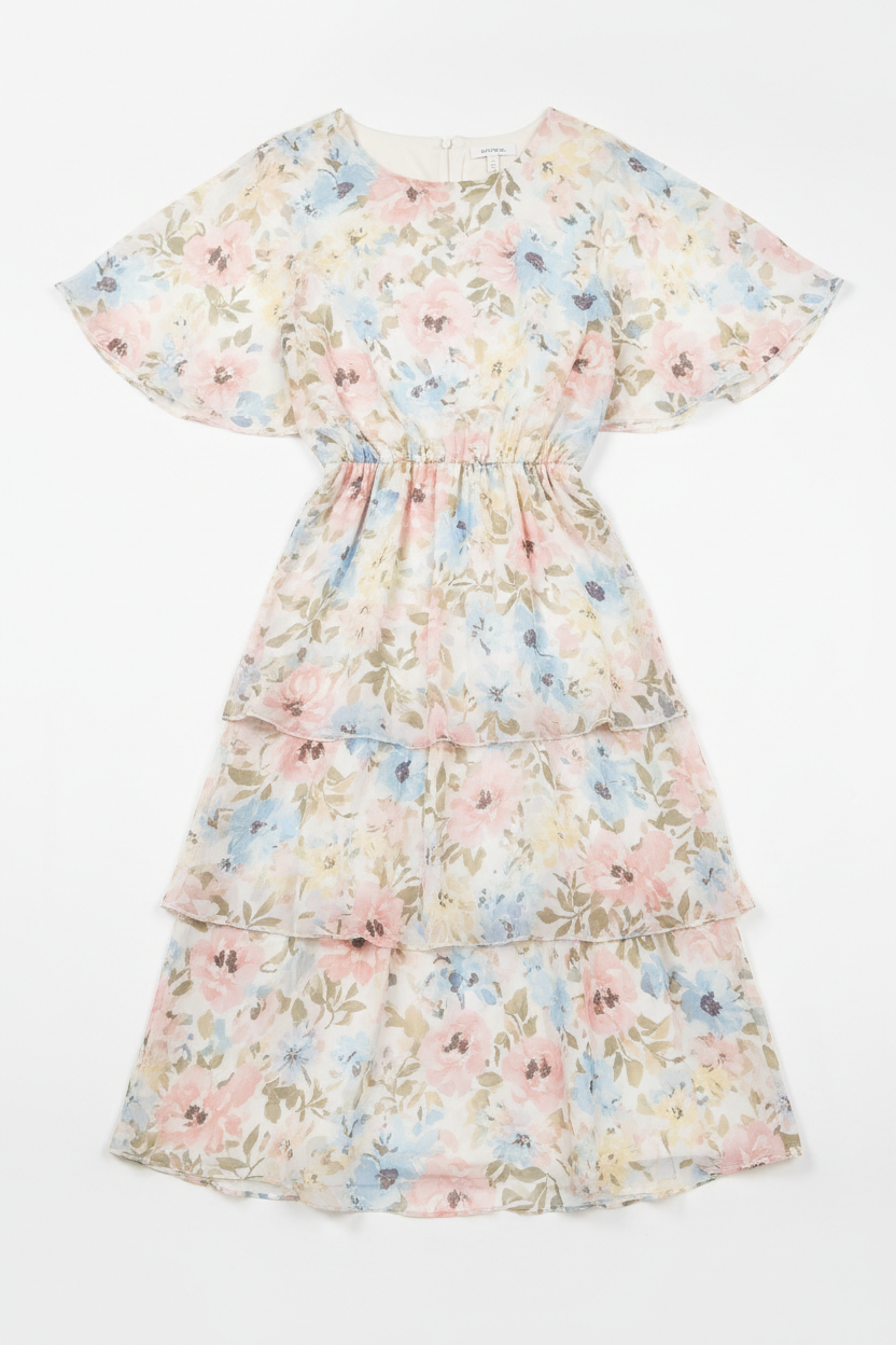Pastel floral chiffon tiered midi dress - front view 1
