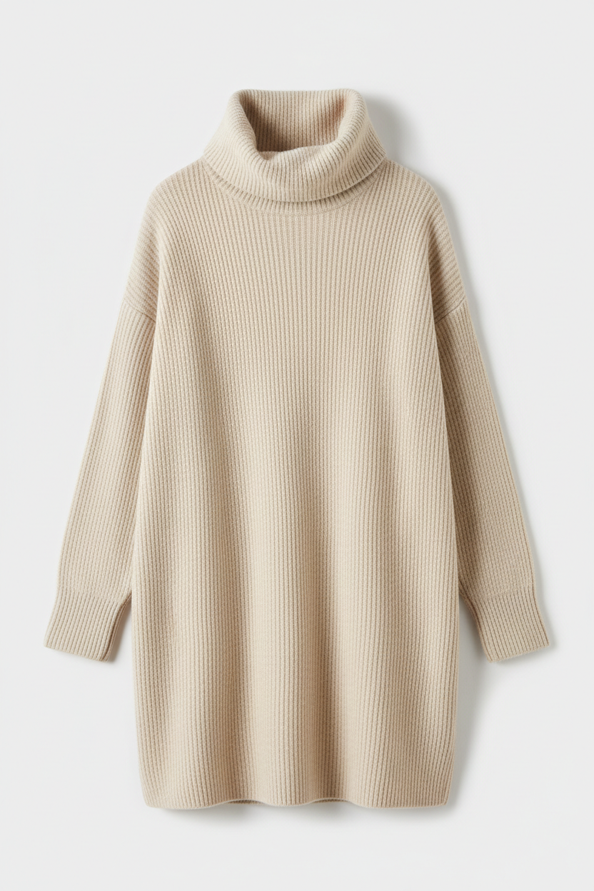 Oatmeal ribbed turtleneck sweater - front view 1 flat lay