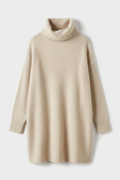 Oatmeal ribbed turtleneck sweater - front view 1 flat lay