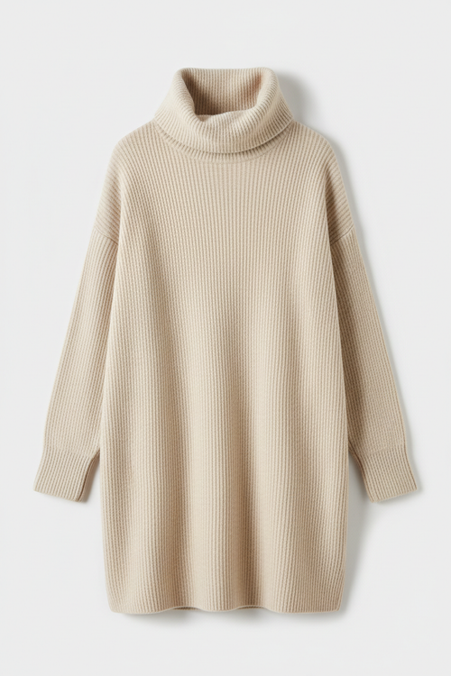 Oatmeal ribbed turtleneck sweater - front view 1 flat lay