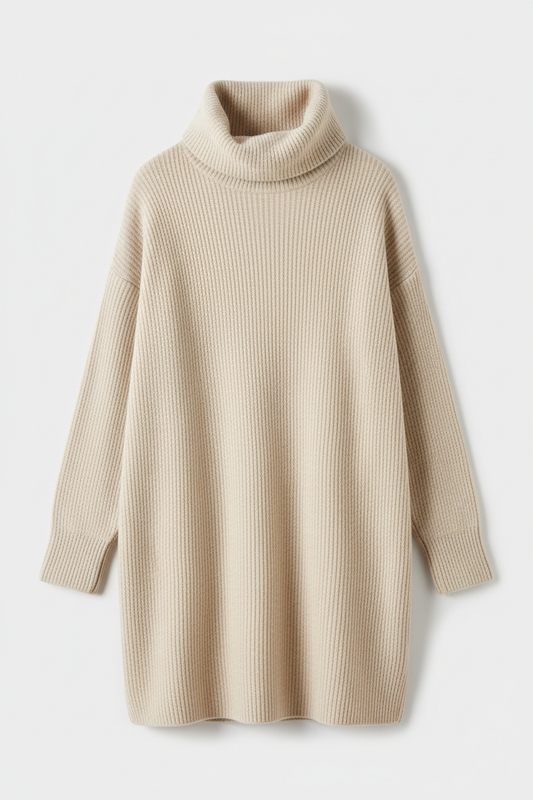 Oatmeal ribbed turtleneck sweater - front view 1 flat lay