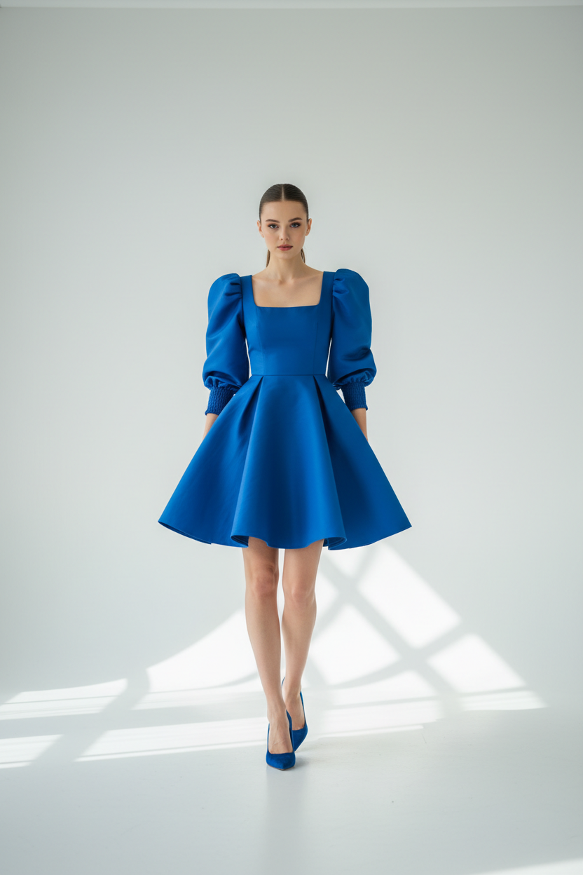 Cobalt blue puff sleeve mini dress - model front view