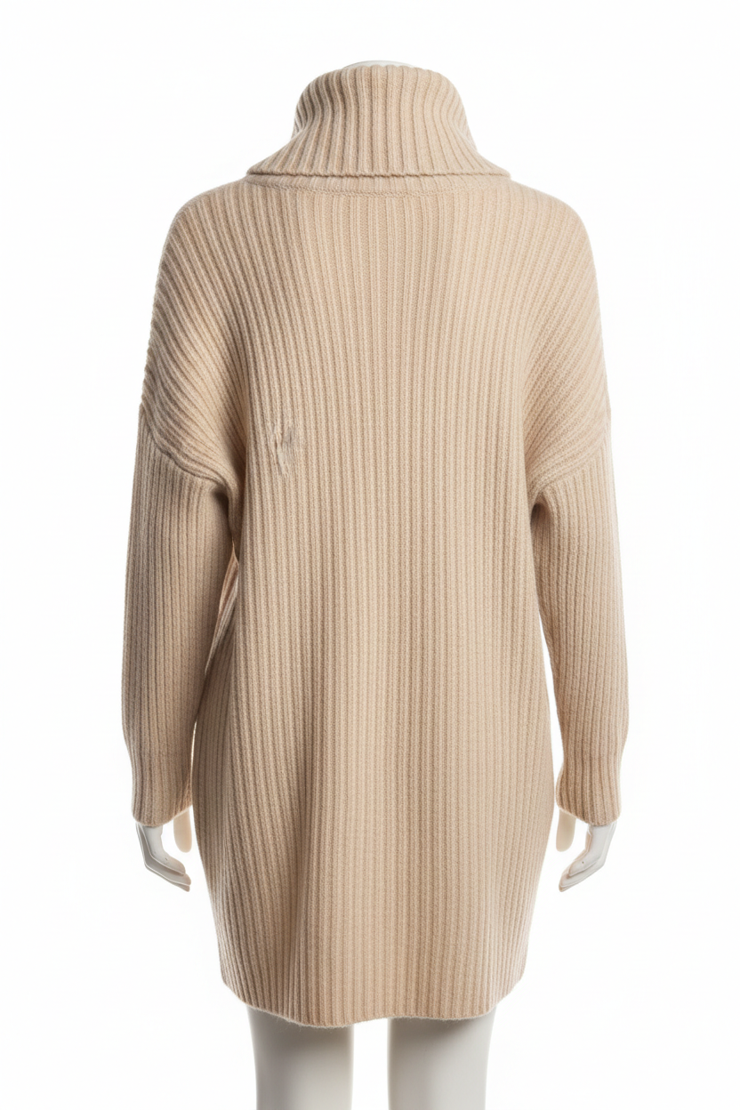 Oatmeal ribbed turtleneck sweater - back view on mannequin