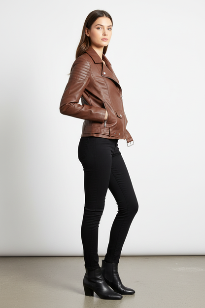 Chocolate brown biker jacket - model side view