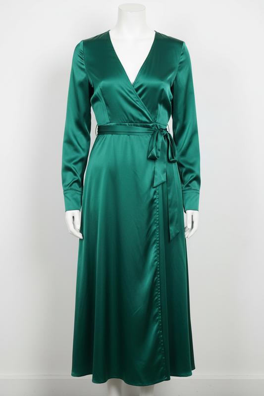 Emerald green satin wrap dress - front view 2 on mannequin