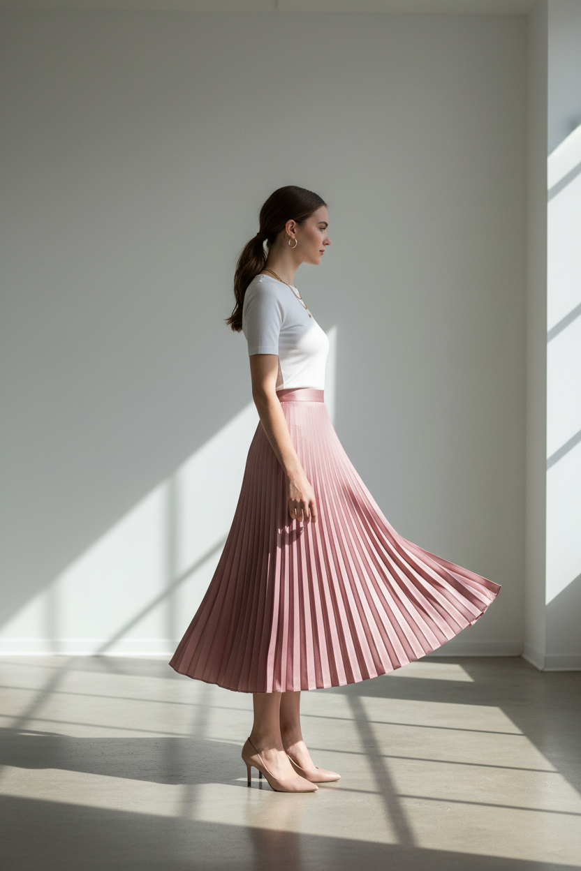 Dusty rose pleated midi skirt - model side view
