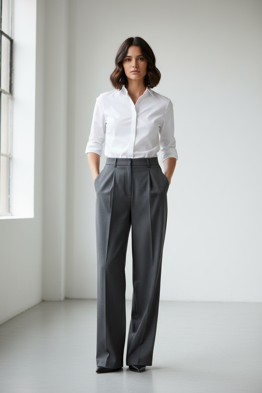 Charcoal grey wide-leg trousers - model front view