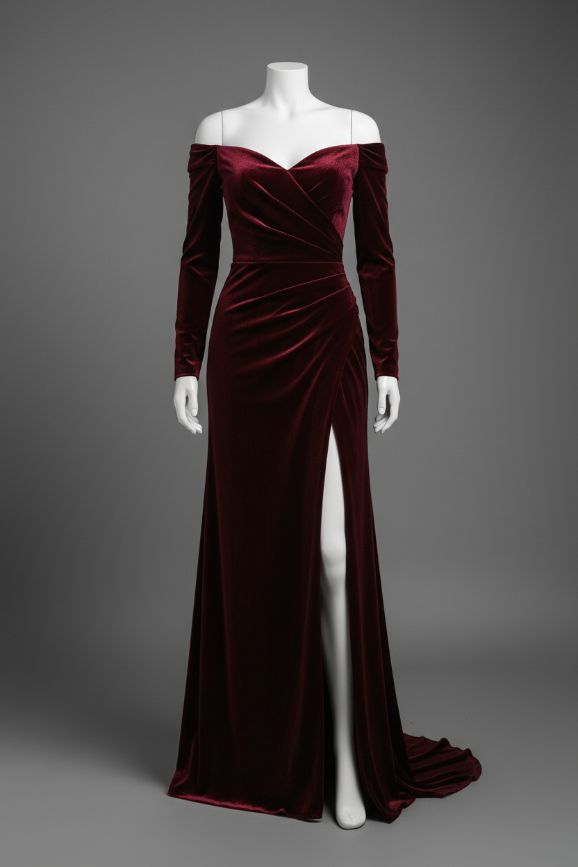 Burgundy velvet evening gown - front view 1 on mannequin grey background