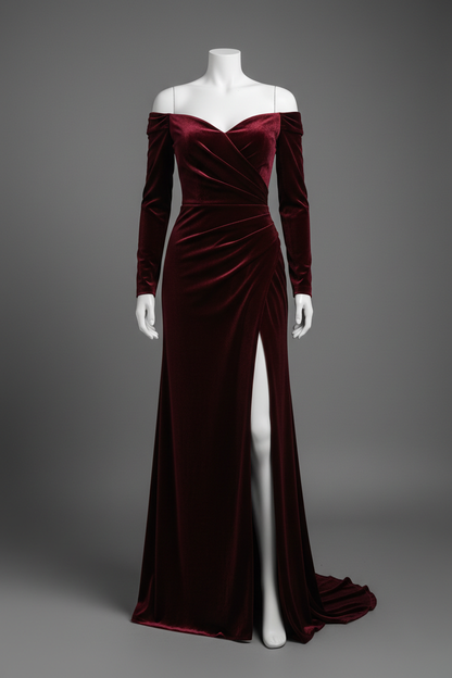 Burgundy velvet evening gown - front view 1 on mannequin grey background
