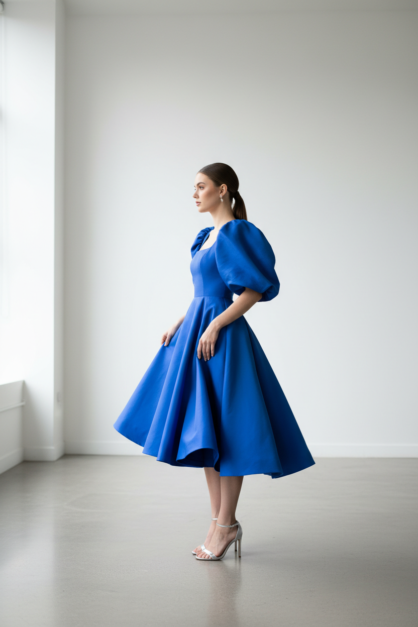 Cobalt blue puff sleeve mini dress - model side view