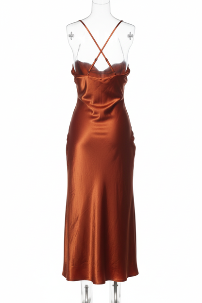 Rust orange satin slip dress - back view on mannequin showing low back