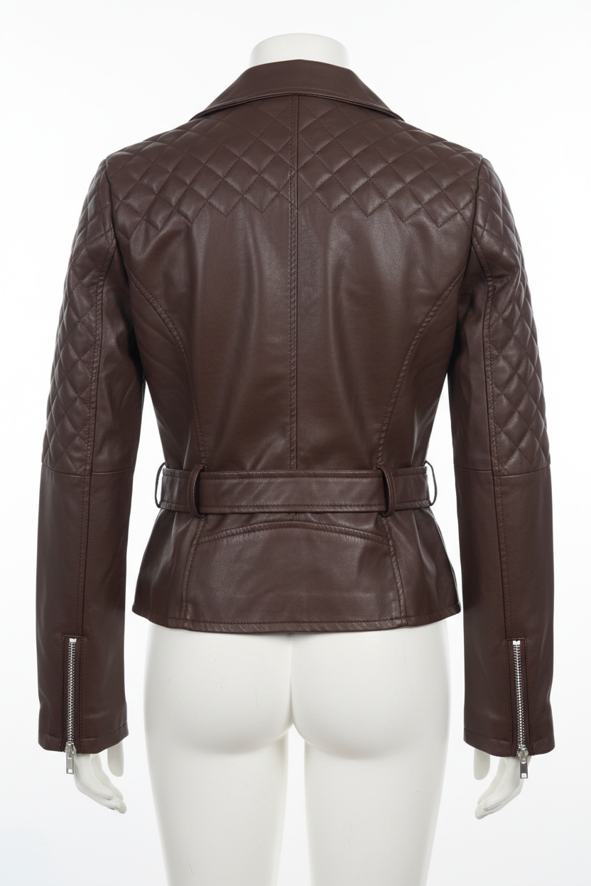 Chocolate brown biker jacket - back view on mannequin