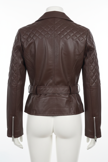 Chocolate brown biker jacket - back view on mannequin