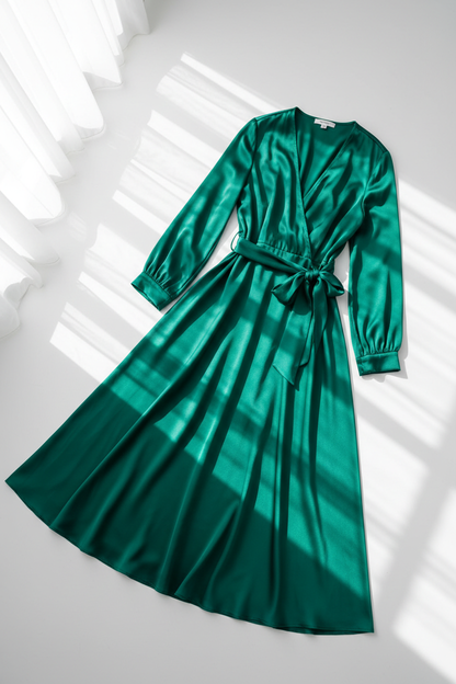 Emerald green satin wrap dress - front view 1 flat lay