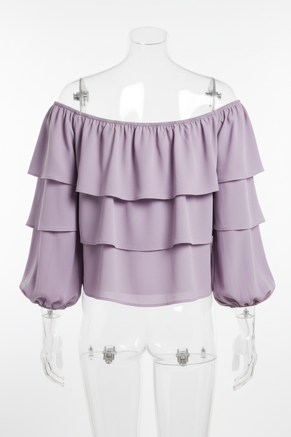 Lilac ruffle off-shoulder crop top - back view on mannequin