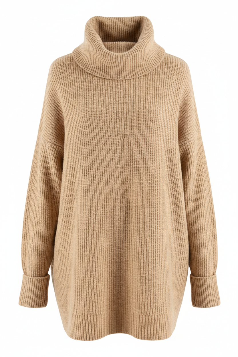 Oatmeal ribbed turtleneck sweater - front view 2 on mannequin