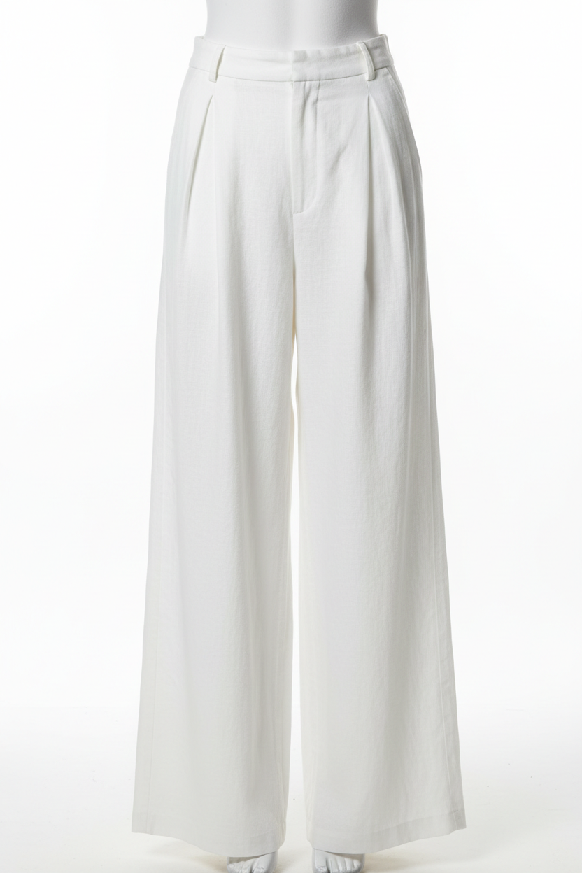 White wide-leg linen trousers - front view 2 on mannequin