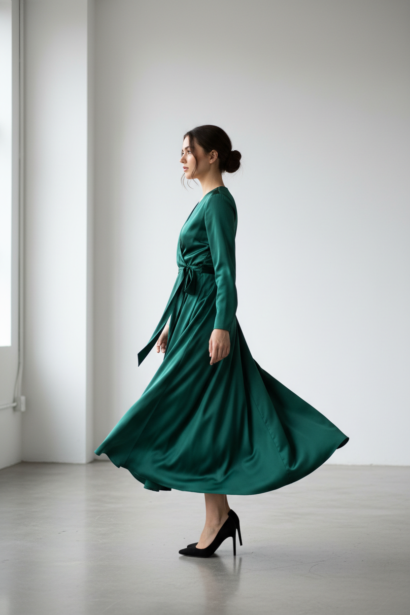Emerald green satin wrap dress - model side view