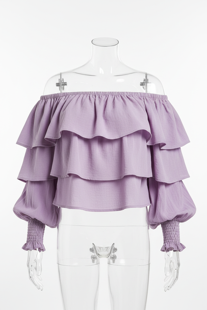 Lilac ruffle off-shoulder crop top - front view 2 on mannequin