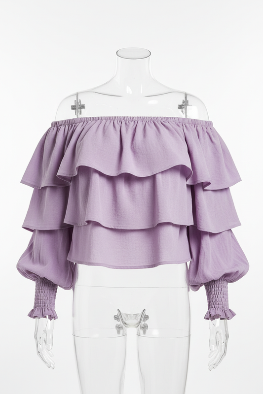 Lilac ruffle off-shoulder crop top - front view 2 on mannequin