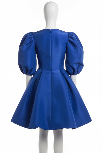 Cobalt blue puff sleeve mini dress - back view on mannequin