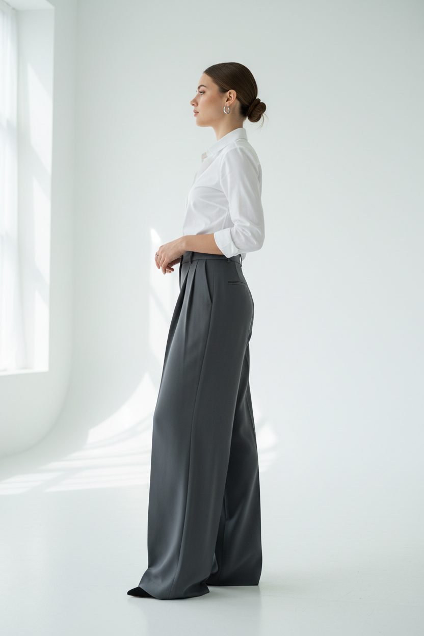 Charcoal grey wide-leg trousers - model side view