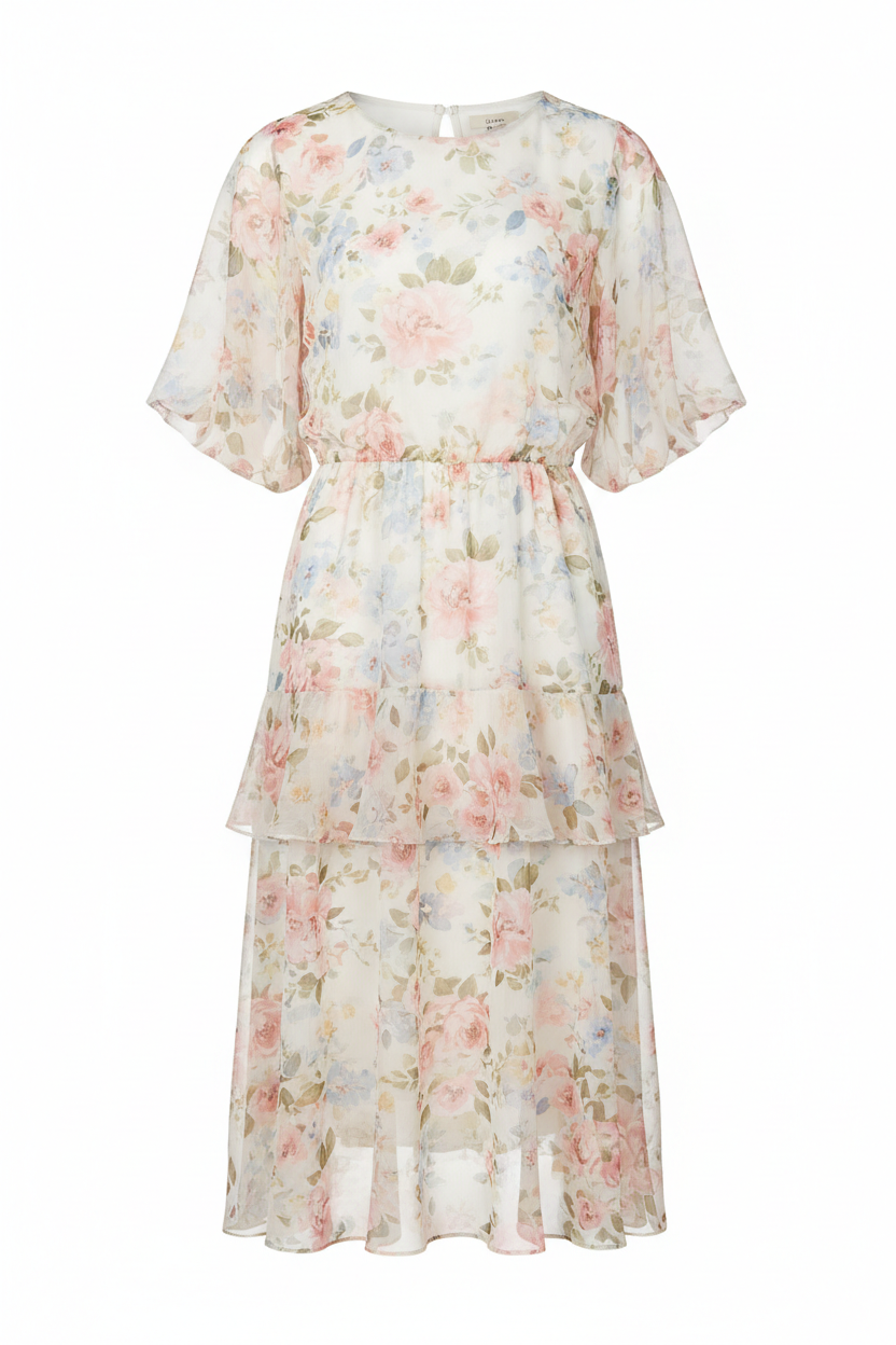 Pastel floral chiffon tiered midi dress - front view 2 on mannequin