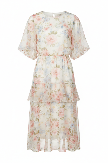 Pastel floral chiffon tiered midi dress - front view 2 on mannequin