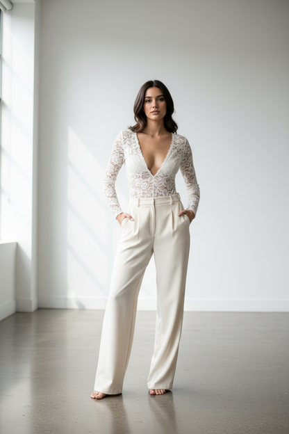 Ivory lace bodysuit - model front view