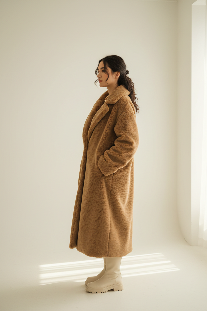 Oversized camel teddy coat - model side view