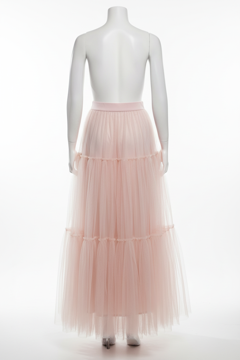 Blush pink tulle maxi skirt - back view on mannequin