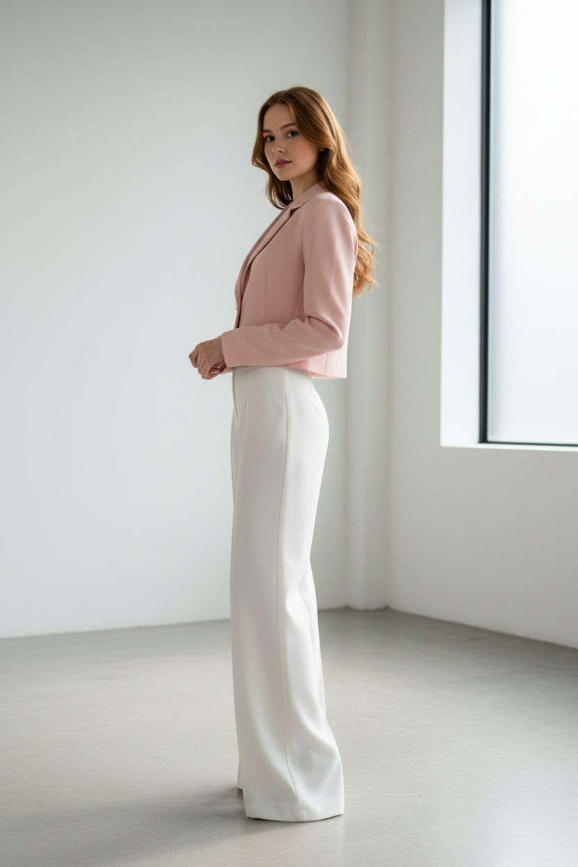 Blush pink cropped blazer - model side view