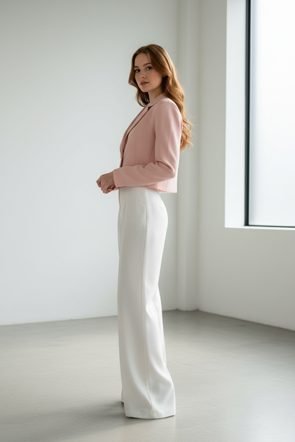 Blush pink cropped blazer - model side view