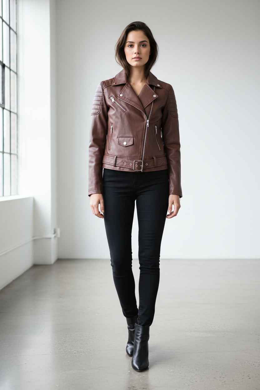 Chocolate brown biker jacket - model front view