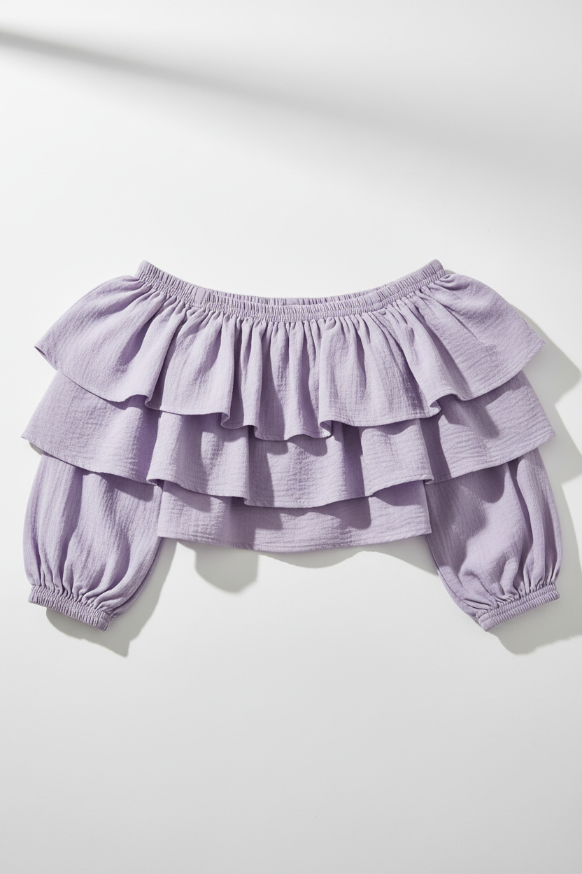 Lilac ruffle off-shoulder crop top - front view 1 flat lay
