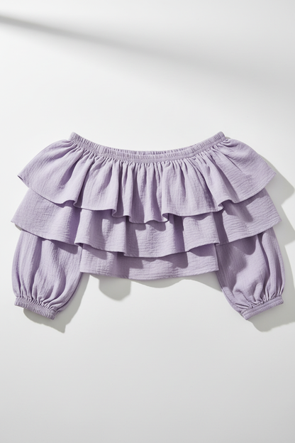 Lilac ruffle off-shoulder crop top - front view 1 flat lay
