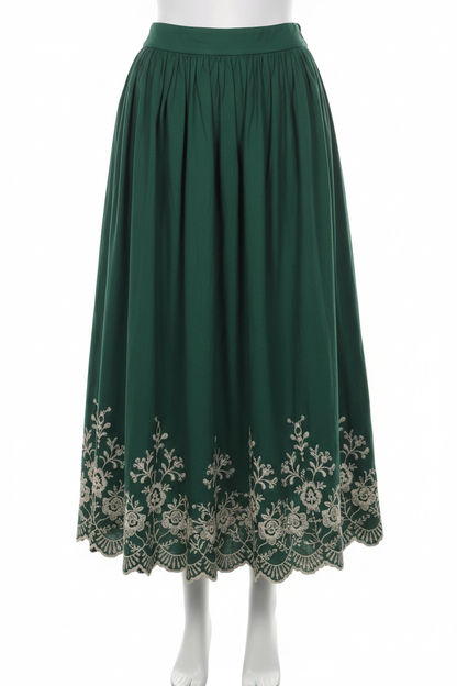 Forest green embroidered midi skirt - front view 2 on mannequin