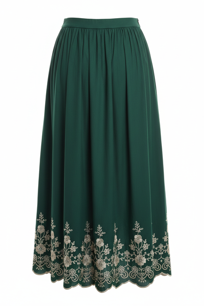 Forest green embroidered midi skirt - back view on mannequin