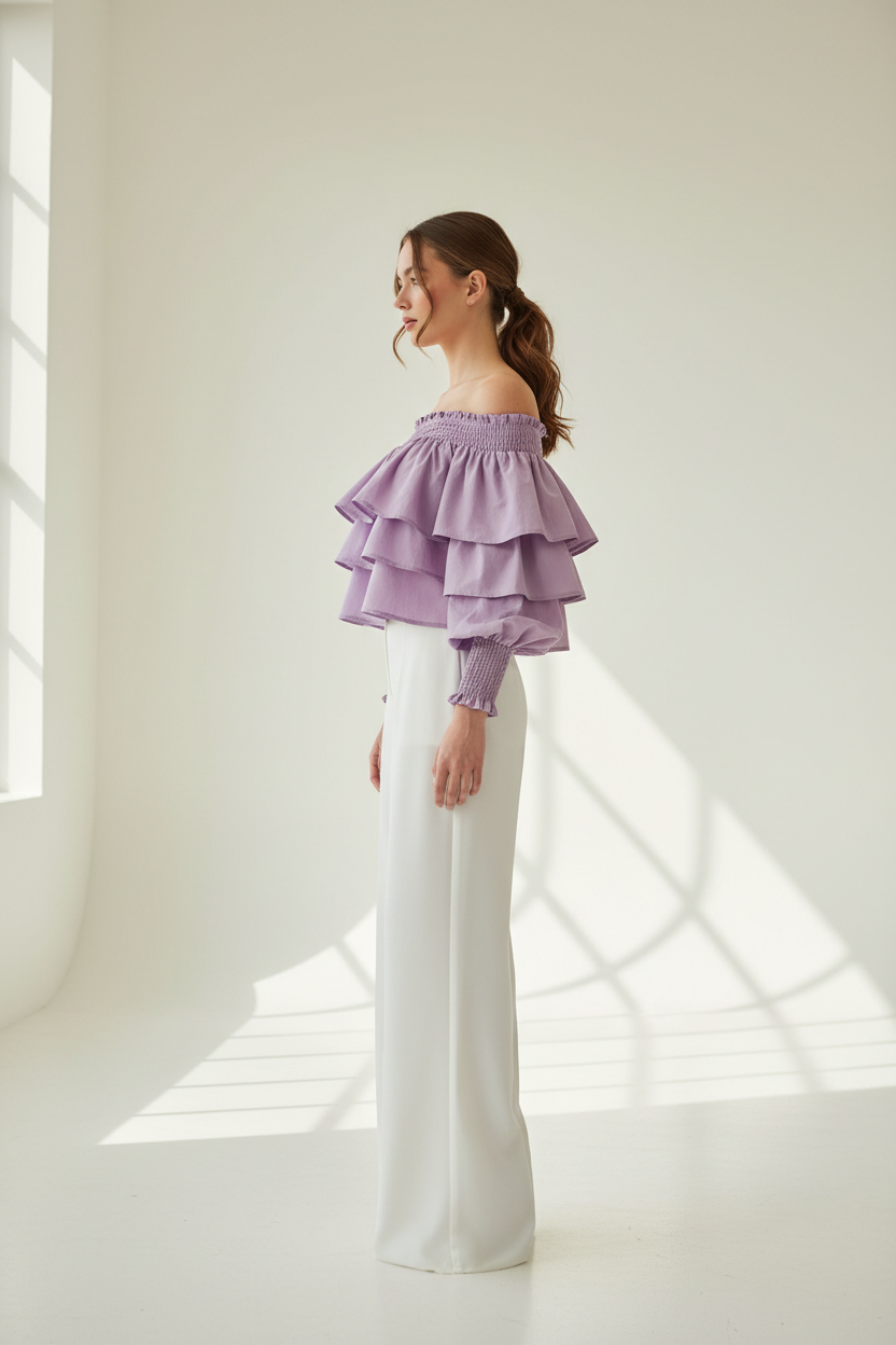 Lilac ruffle off-shoulder crop top - model side view