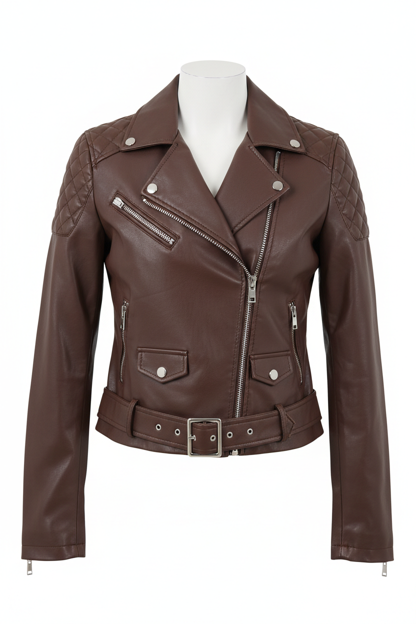 Chocolate brown biker jacket - front view 2 on mannequin