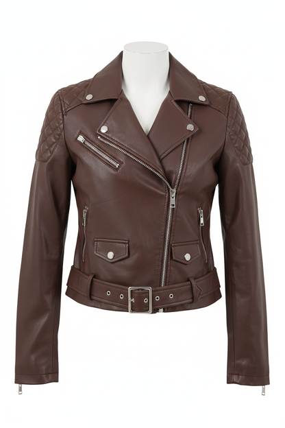Chocolate brown biker jacket - front view 2 on mannequin