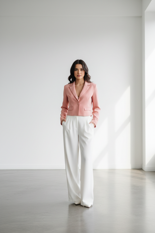 Blush pink cropped blazer - model front view
