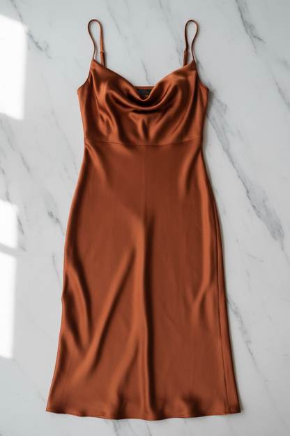 Rust orange satin slip dress - front view 1 flat lay