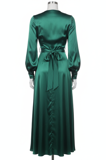 Emerald green satin wrap dress - back view on mannequin