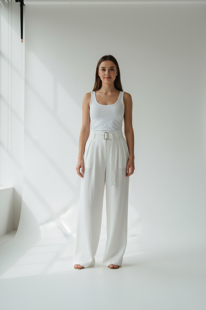 White wide-leg linen trousers - model front view