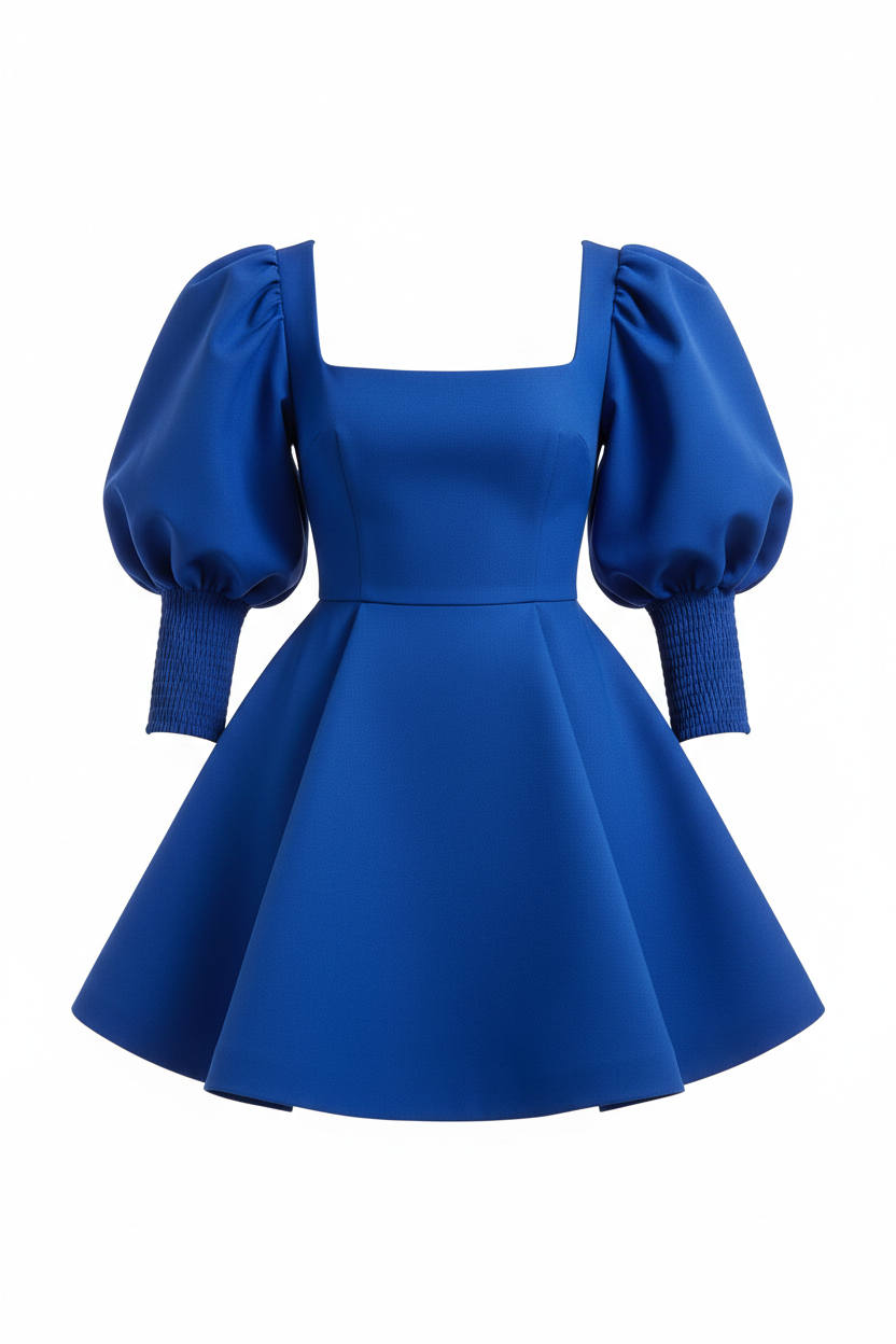 Cobalt blue puff sleeve mini dress - front view 2 on mannequin