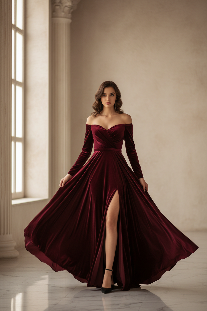 Burgundy velvet evening gown - model front view